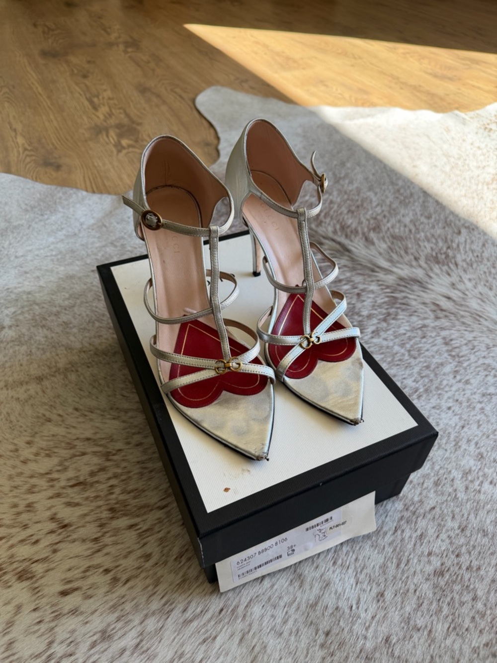 Gucci Metallic Silver T-Strap Pointed Heels with Red Heart Accent